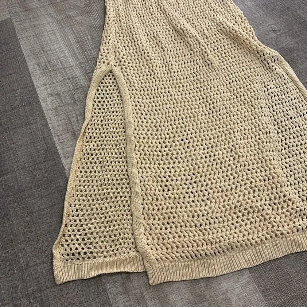 Beige open knit maxi coverup dress